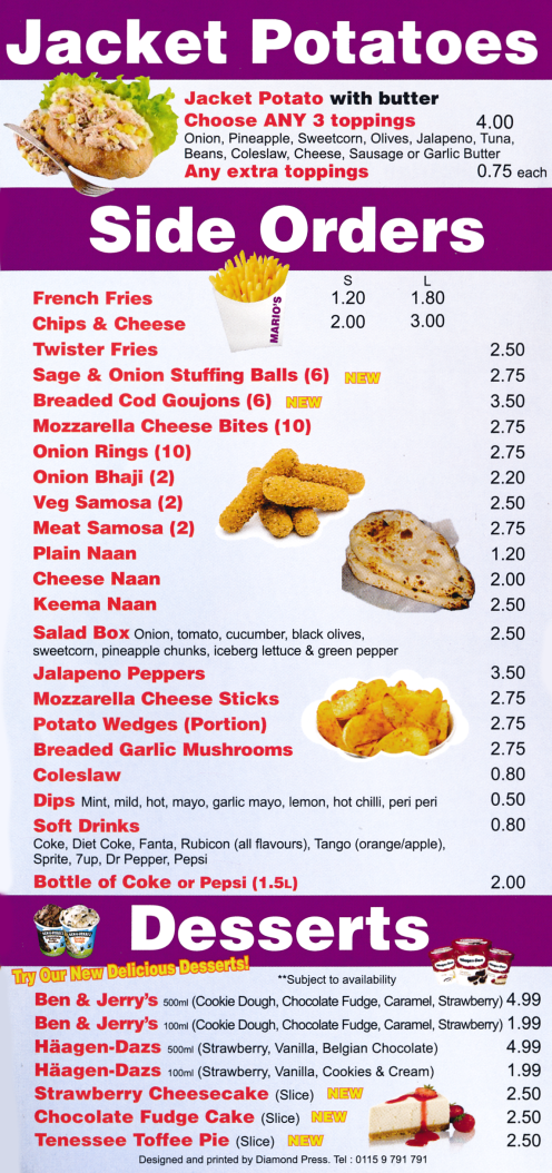 Takeaway and delivery menu for Mario's on The Parade, Wolds Drive in Keyworth near Nottingham