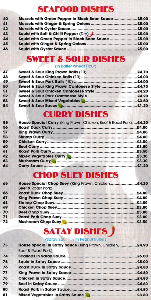 Menu for Mayflower Cantonese cuisine takeaway (Chop Suey, Satay, Curry, Sweet & Sour, Kung Po, Szechuan dishes..)
