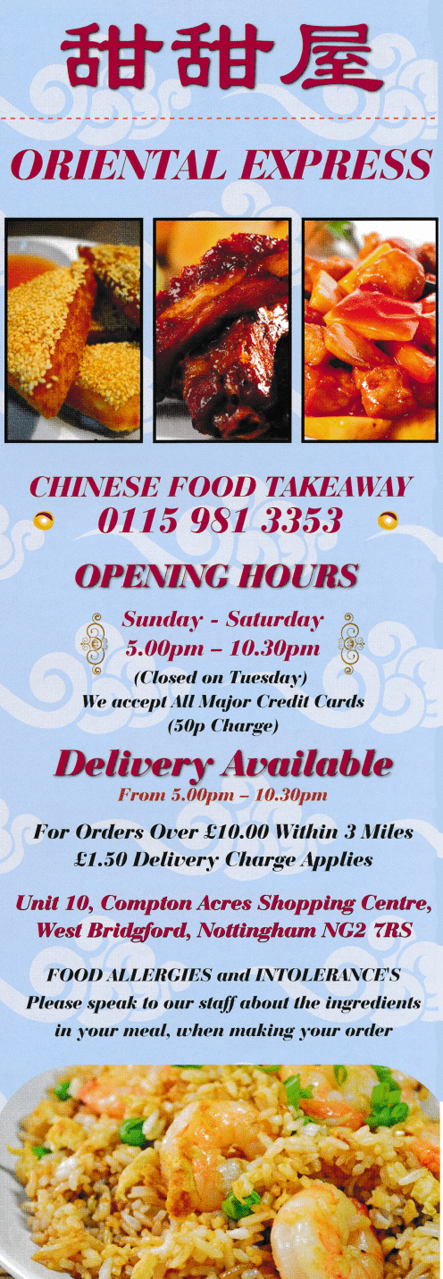 Menu for Oriental Express Chinese takeaway and delivery in West Bridgford near Nottingham