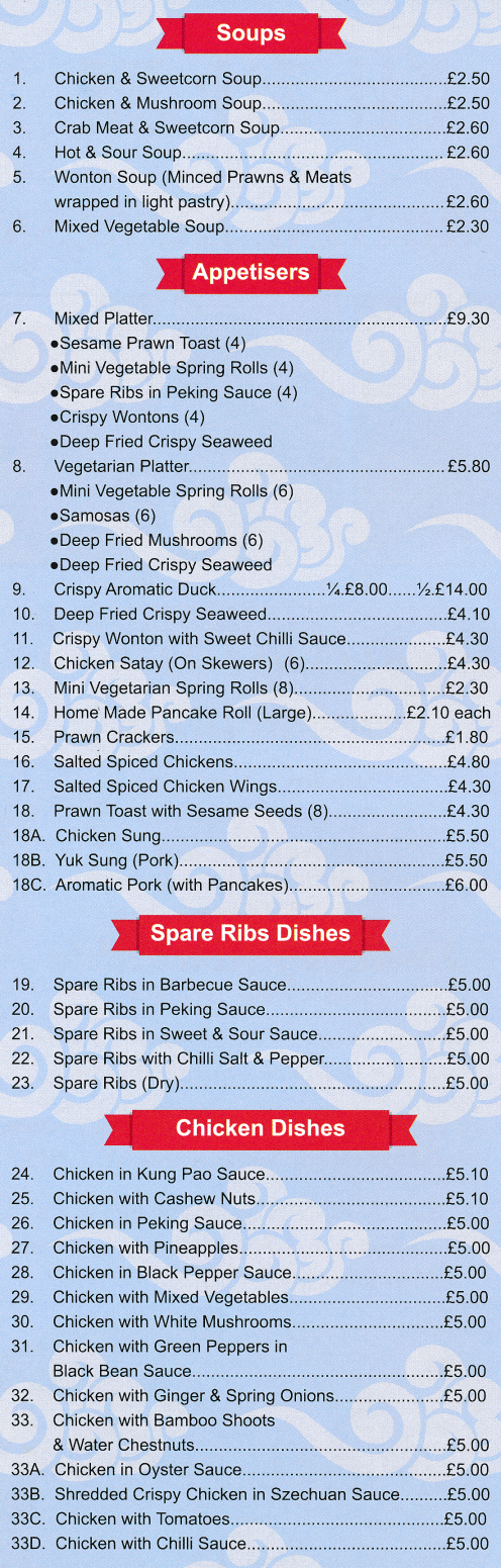 Menu for Oriental Express (Spare Ribs in Peking Sauce, Hot & Sour Soup, Chicken in Pao Sauce, Yuk Sung, Aromatic Pork..)