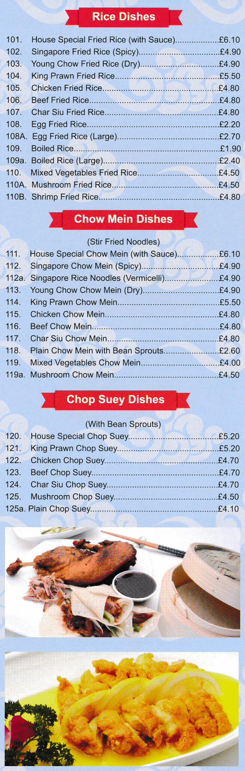 Menu for Oriental Express (Chicken in Lemon Sauce, Beef Curry, Chicken Chop Suey, Singapore Chow Mein, Beef in Oyster Sauce..)