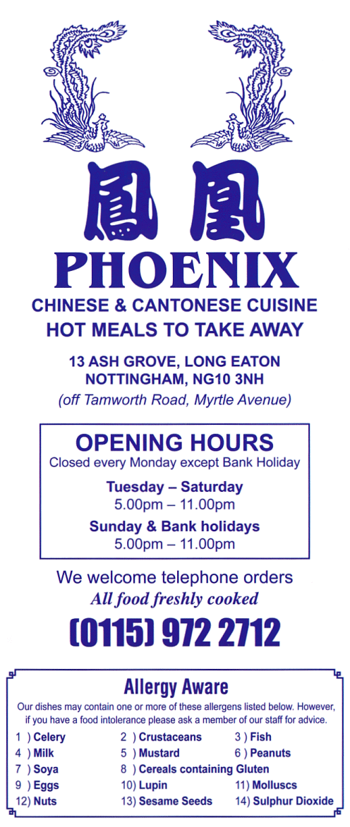 Takeaway menu for Phoenix on Ash Grove in Long Eaton NG10 3NH