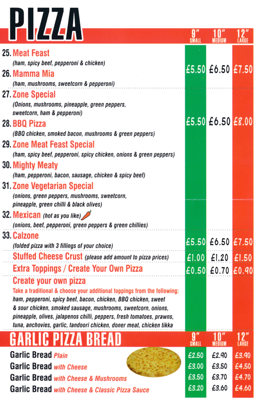 Menu for Pizza Zone takeaway and delivery in Beeston