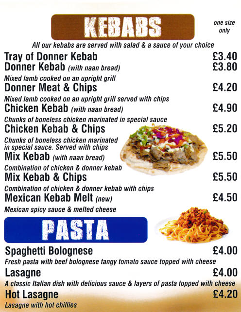Menu for Pizza Zone; pizzas, pasta, kebabs and burgers in Beeston