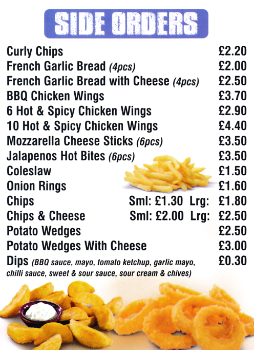Menu for Pizza Zone; pizza, kebab,fried chicken, kebabs and fast food takeaway.