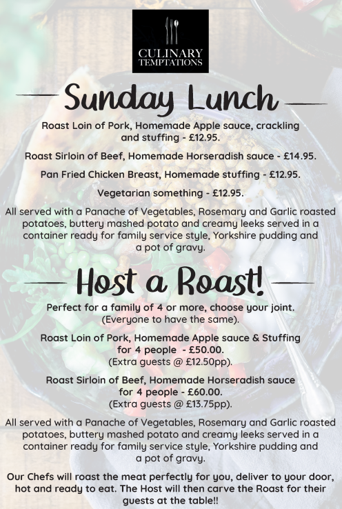 Menu for Culinary Temptations - Sunday Lunch, Roast Sirloin of Beef, Pan Fried Chicken Breast, Roast Loin of Pork..