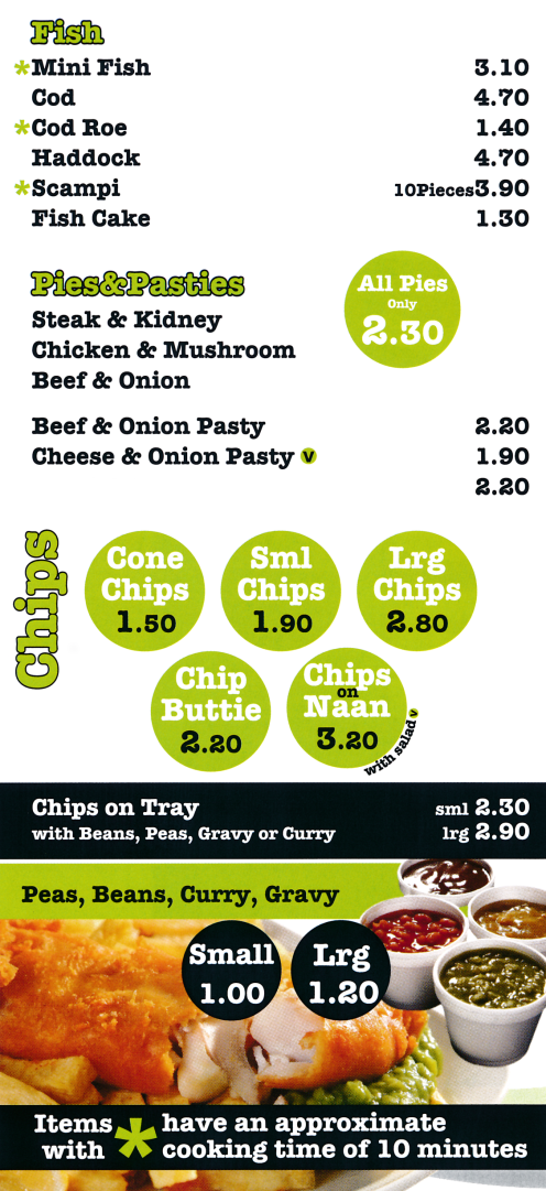 Menu for The Kegworth Fish Bar (Pies, Pasties, Cod, Haddock, Fish Cake, Chips, Fast Food, Pizzas..)