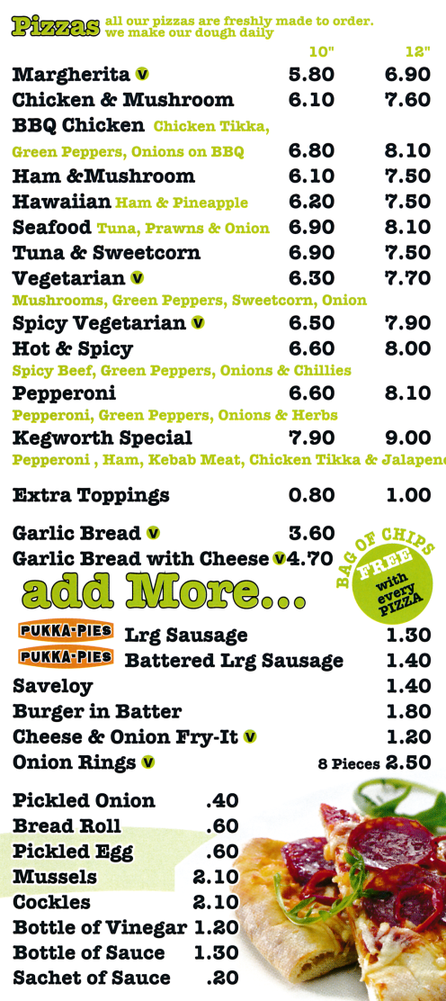 Menu for The Kegworth Fish Bar (Fish and Chips, Kebabs, Pizzas, Saveloy, Burgers, Fried Chicken..)